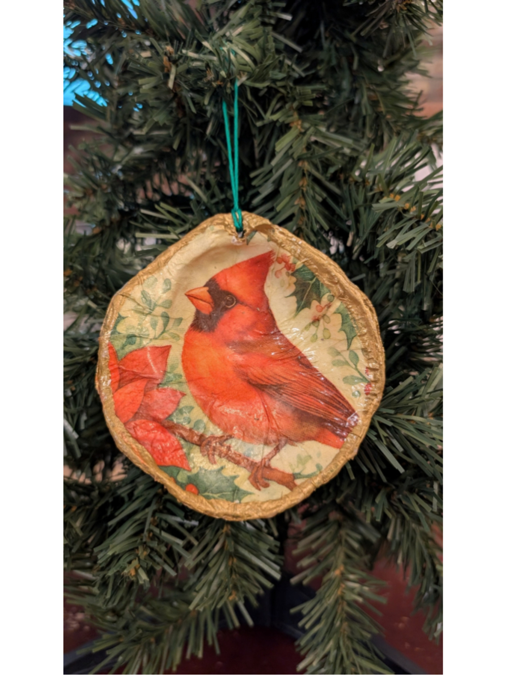 Handmade Christmas Ornament Decoupage Cardinal Shell Great Gift Idea